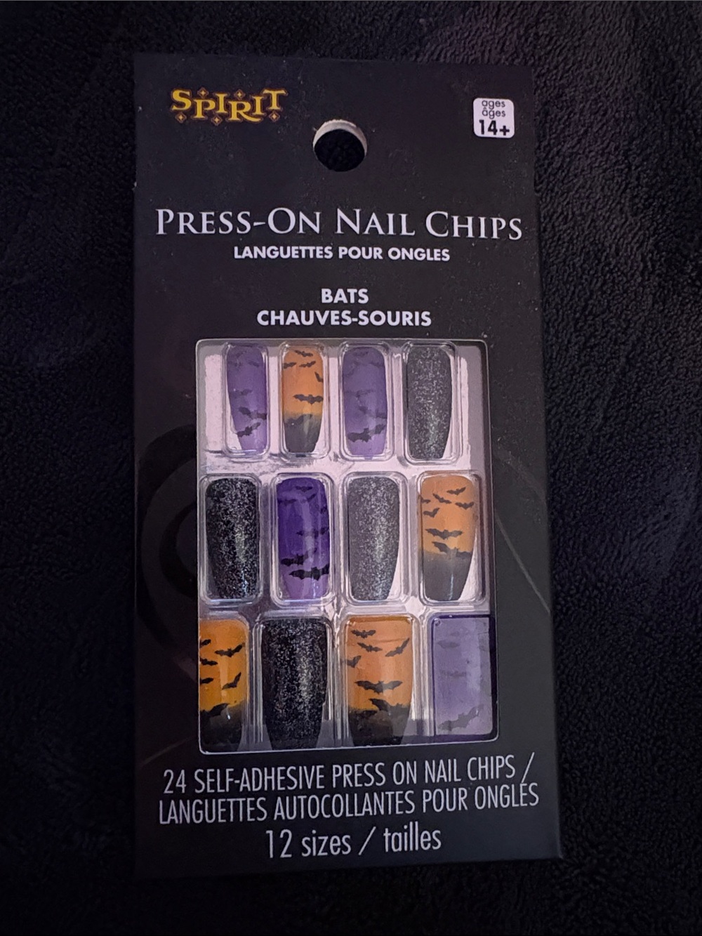 Spirit Press-On Nail Chips in Purple, Orange & Black Bat Designs